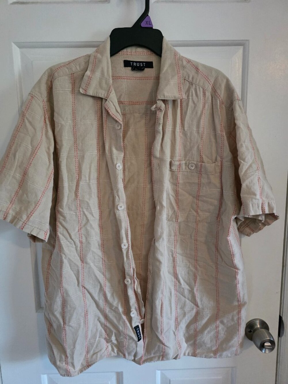 Trust Brand Mens Medium Button Up Shirt Beige/Cream with Salmon Stitching